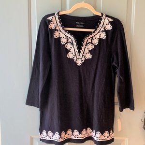 Talbots navy tunic with white embroidery, size S, NWT